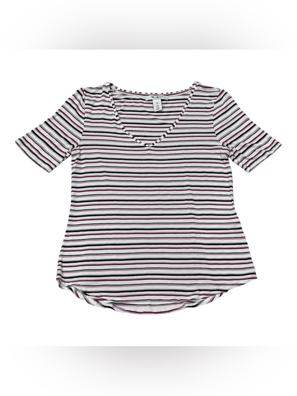 WHBM Women’s XS White/Purple/Black Striped V-Neck Knit Stretch SS T-Shirt